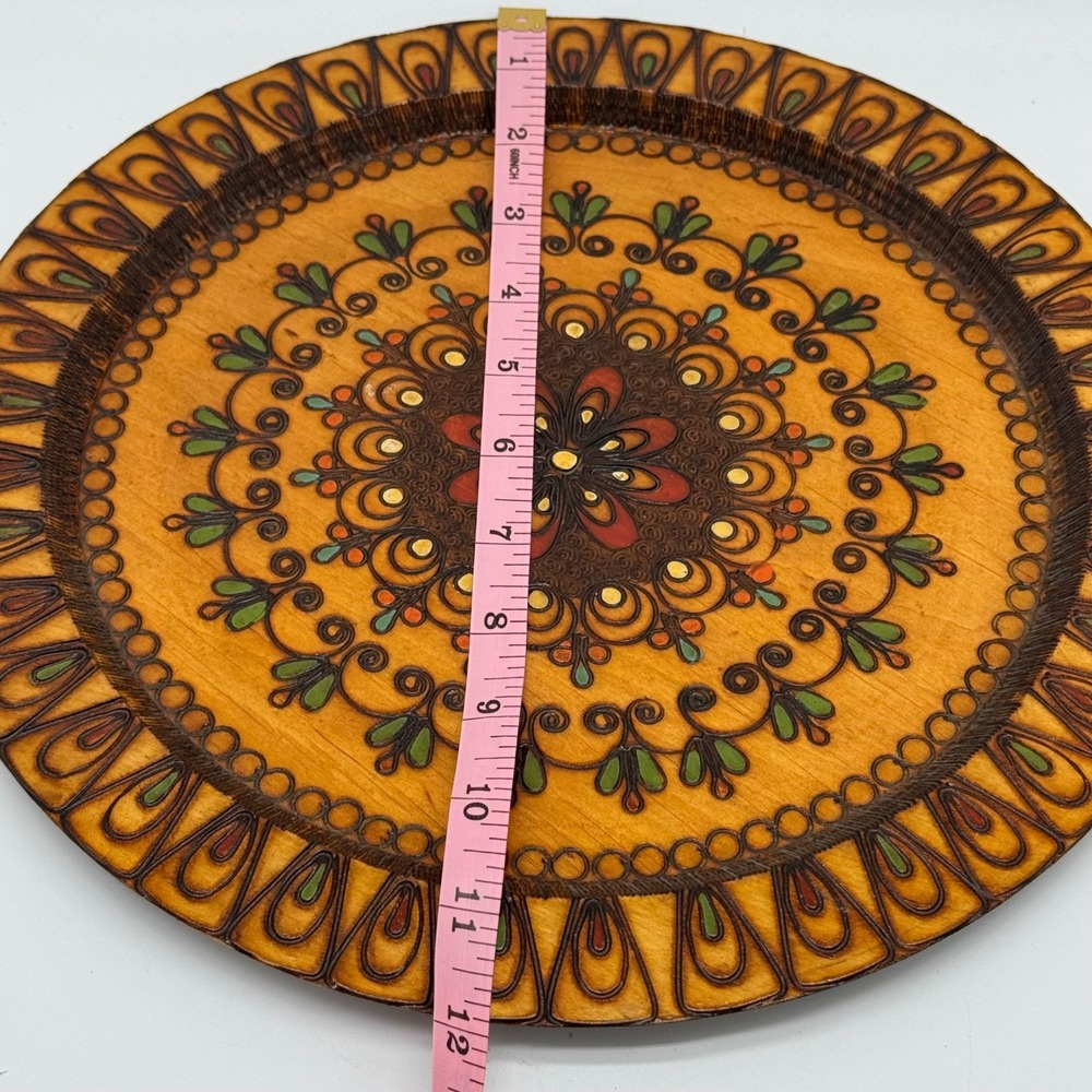 Vintage Polish Folk Art Carved Wood Plate Painted Pyrography Wall Decor 12" Hook - Picture 8 of 9
